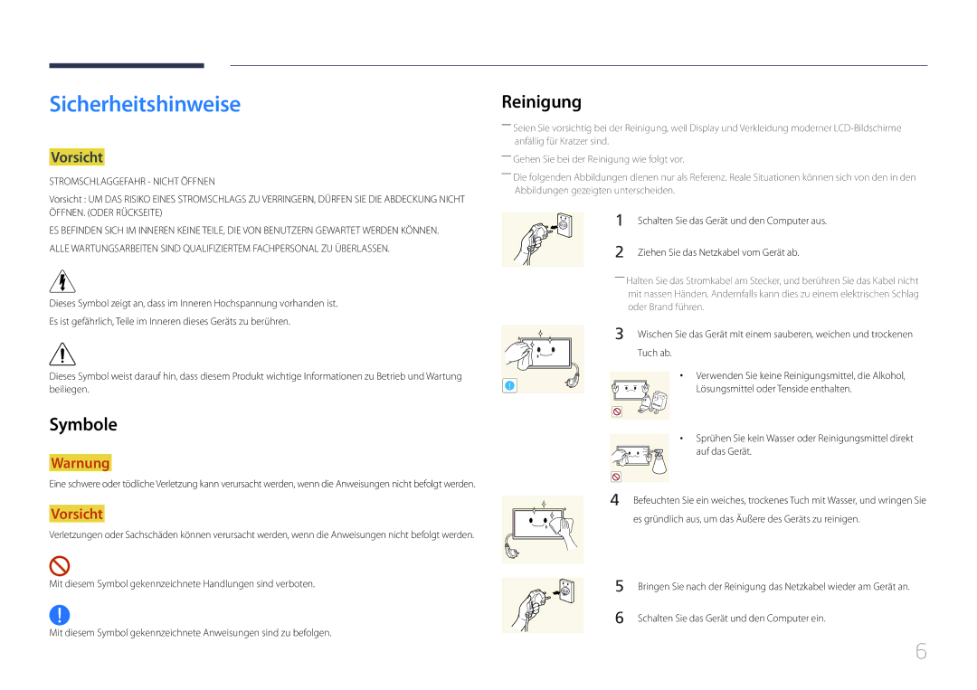 Samsung LH55UDEHLBB/EN, LH46UDEBLBB/EN, LH55UDEBLBB/EN, LH46UDEHLBB/EN Sicherheitshinweise, Reinigung, Symbole, Vorsicht 