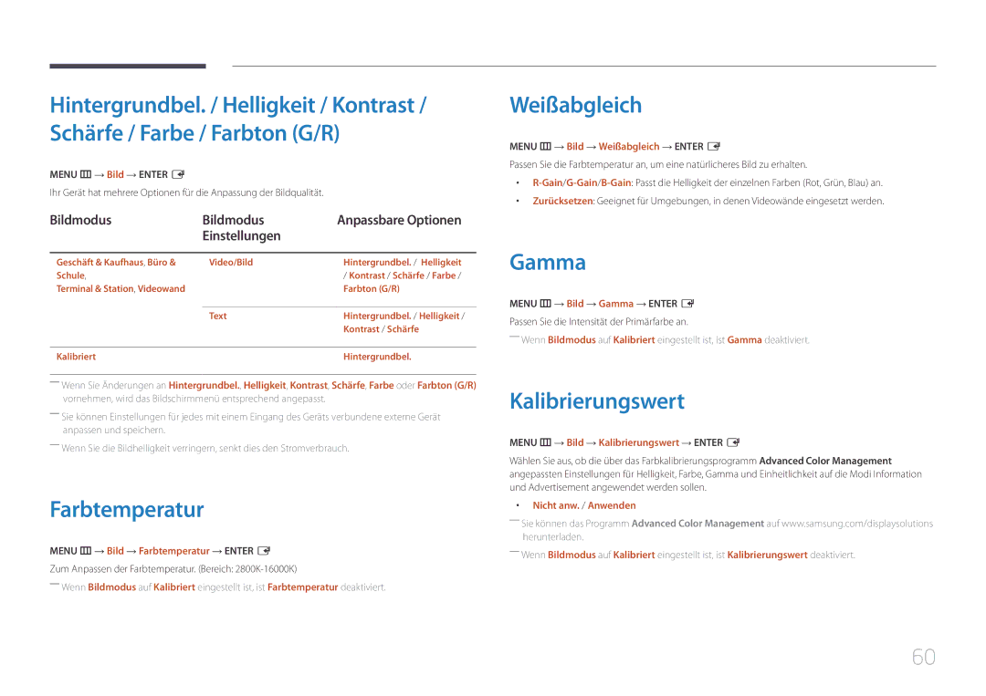 Samsung LH46UDEBLBB/EN, LH55UDEHLBB/EN, LH55UDEBLBB/EN manual Farbtemperatur, Weißabgleich, Gamma, Kalibrierungswert 