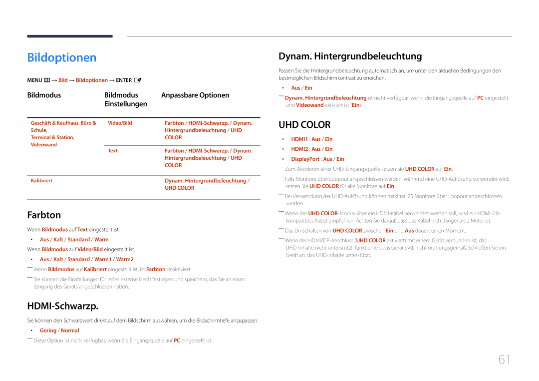 Samsung LH55UDEHLBB/EN, LH46UDEBLBB/EN, LH55UDEBLBB/EN Bildoptionen, Farbton, HDMI-Schwarzp, Dynam. Hintergrundbeleuchtung 