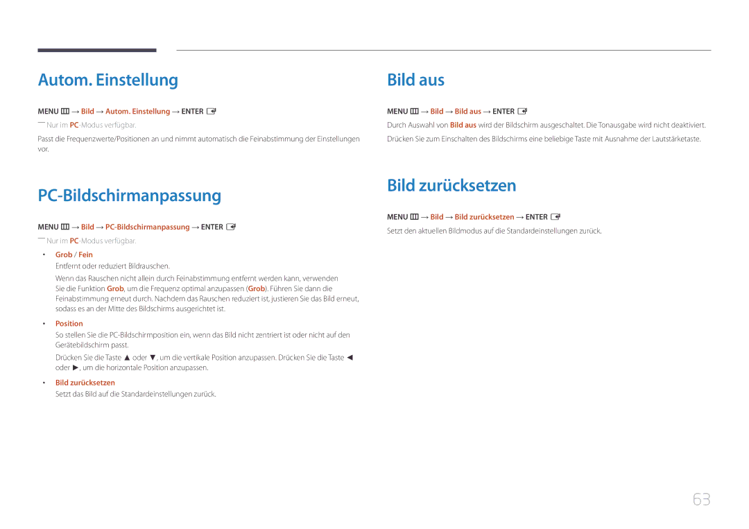 Samsung LH46UDEHLBB/EN, LH46UDEBLBB/EN manual Autom. Einstellung, Bild aus, PC-Bildschirmanpassung, Bild zurücksetzen 