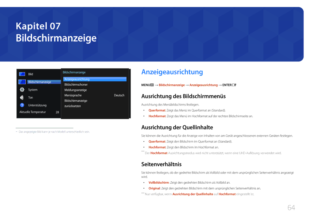 Samsung LH46UDECLBB/EN manual Bildschirmanzeige, Anzeigeausrichtung, Ausrichtung des Bildschirmmenüs, Seitenverhältnis 