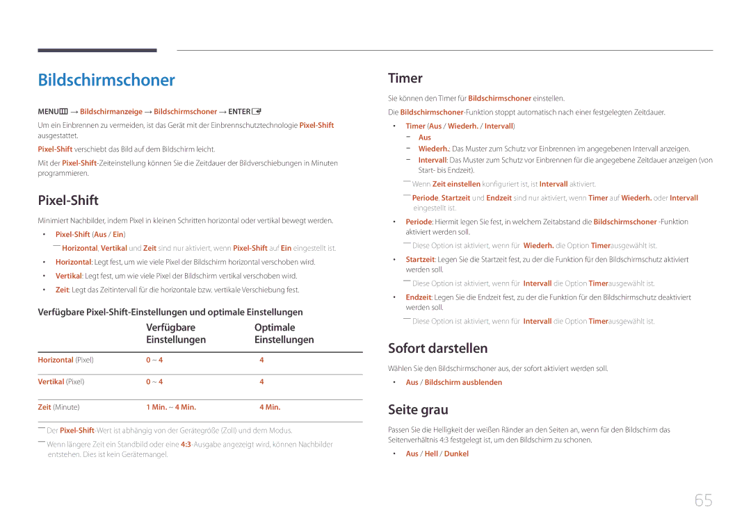 Samsung LH46UDEBLBB/EN, LH55UDEHLBB/EN, LH55UDEBLBB/EN Bildschirmschoner, Pixel-Shift, Timer, Sofort darstellen, Seite grau 