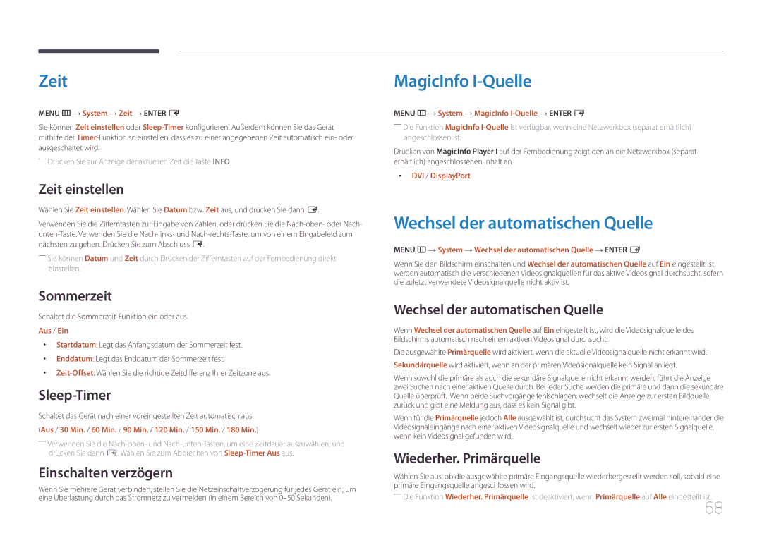 Samsung LH46UDEHLBB/EN, LH46UDEBLBB/EN, LH55UDEHLBB/EN manual Zeit, MagicInfo I-Quelle, Wechsel der automatischen Quelle 