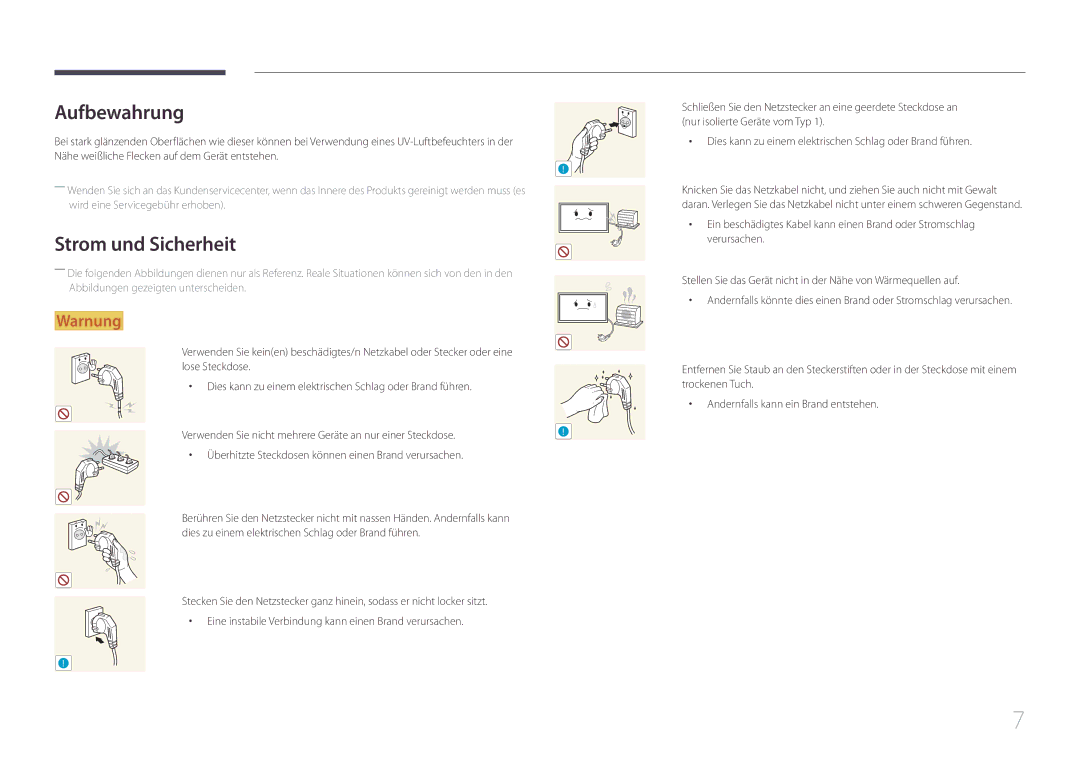 Samsung LH55UDEBLBB/EN, LH46UDEBLBB/EN, LH55UDEHLBB/EN, LH46UDEHLBB/EN, LH46UDECLBB/EN Aufbewahrung, Strom und Sicherheit 