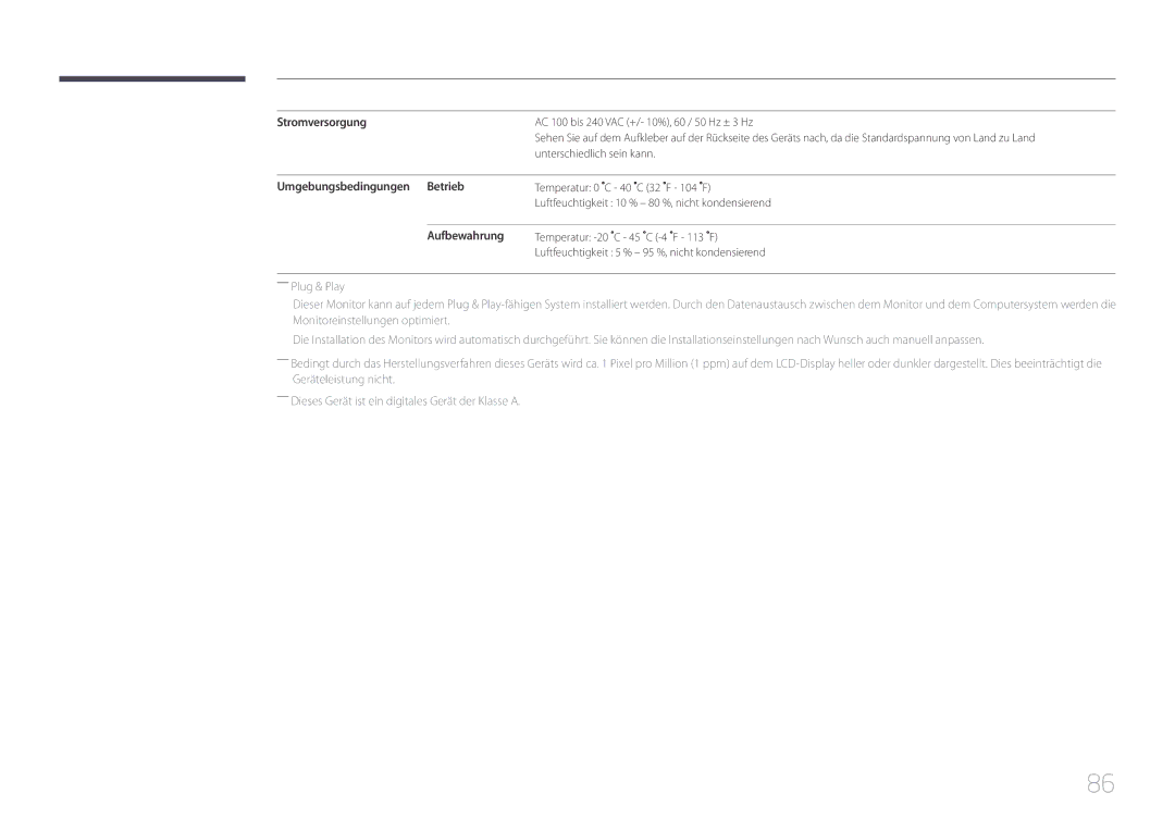 Samsung LH55UDEHLBB/EN, LH46UDEBLBB/EN, LH55UDEBLBB/EN, LH46UDEHLBB/EN manual Stromversorgung, Umgebungsbedingungen Betrieb 