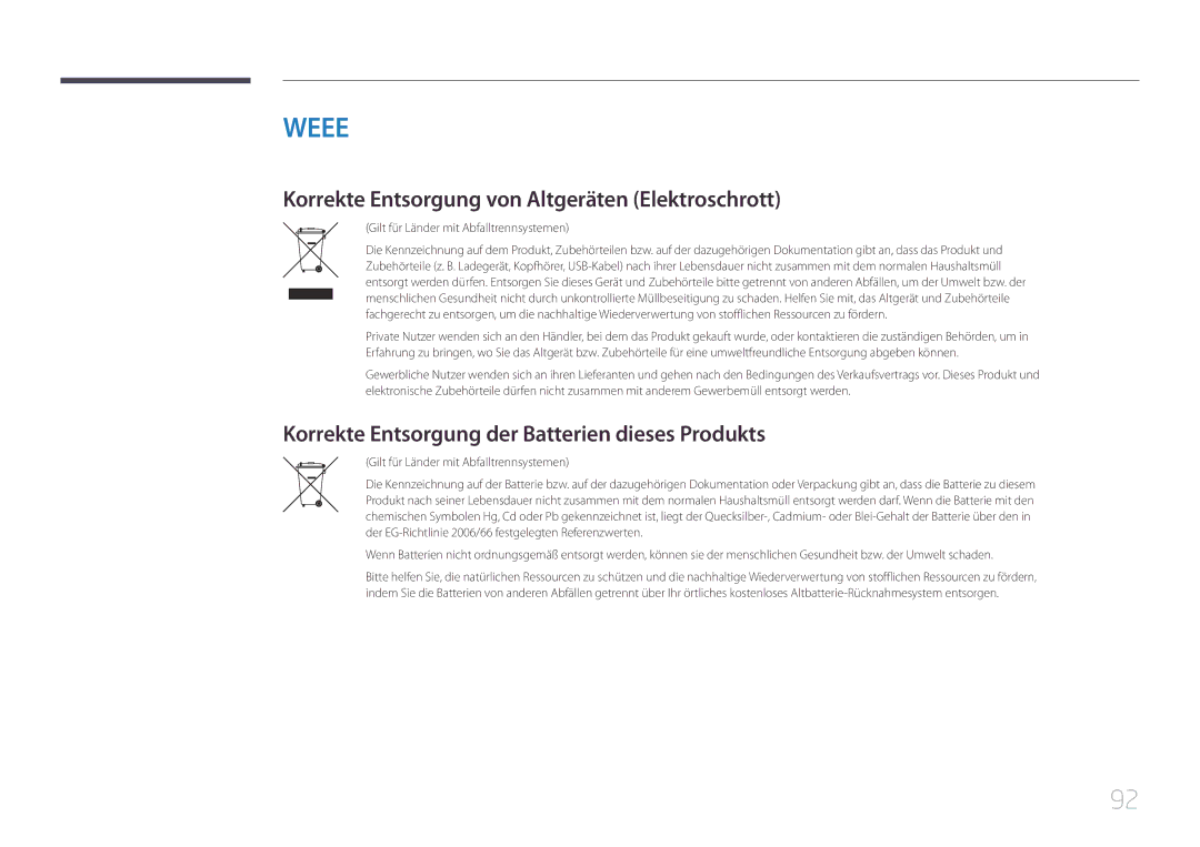 Samsung LH55UDEBLBB/EN manual Korrekte Entsorgung von Altgeräten Elektroschrott, Gilt für Länder mit Abfalltrennsystemen 