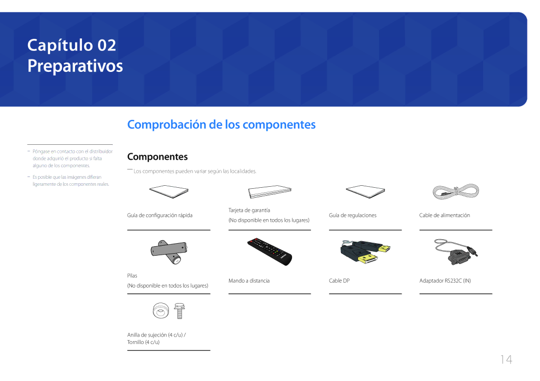 Samsung LH46UDECLBB/EN, LH46UDEBLBB/EN, LH55UDEHLBB/EN manual Preparativos, Comprobación de los componentes, Componentes 