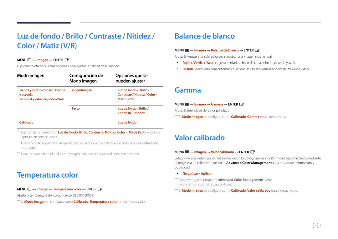 Samsung LH46UDEBLBB/EN, LH55UDEHLBB/EN, LH55UDEBLBB/EN manual Temperatura color, Balance de blanco, Gamma, Valor calibrado 