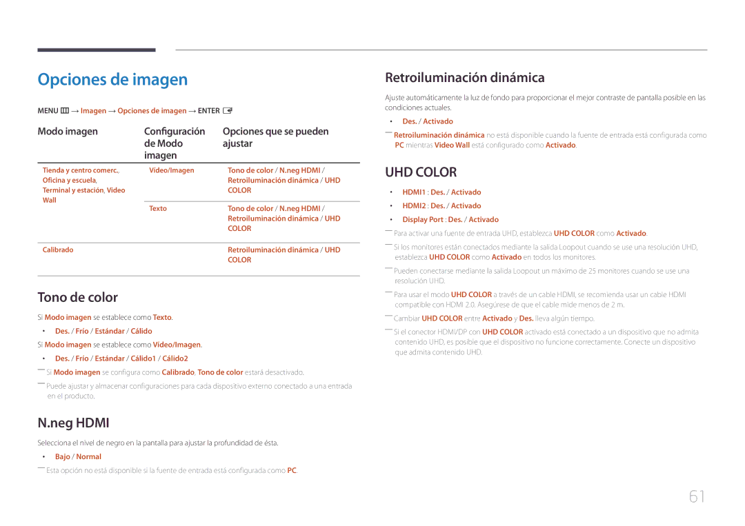 Samsung LH55UDEHLBB/EN, LH46UDEBLBB/EN manual Opciones de imagen, Tono de color, Neg Hdmi, Retroiluminación dinámica 