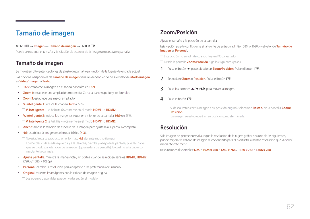 Samsung LH55UDEBLBB/EN, LH46UDEBLBB/EN manual Zoom/Posición, Resolución, Menu m → Imagen → Tamaño de imagen → Enter E 