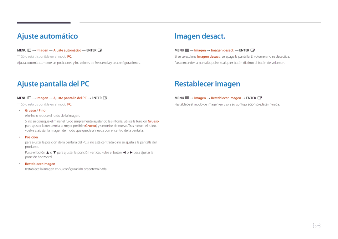 Samsung LH46UDEHLBB/EN, LH46UDEBLBB/EN manual Ajuste automático, Imagen desact, Ajuste pantalla del PC Restablecer imagen 