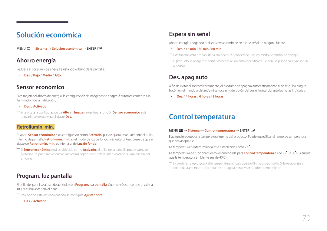 Samsung LH46UDEBLBB/EN, LH55UDEHLBB/EN, LH55UDEBLBB/EN, LH46UDEHLBB/EN manual Solución económica, Control temperatura 