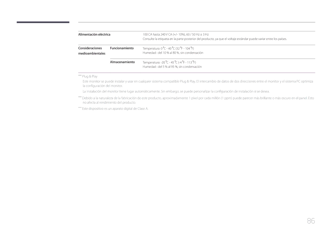 Samsung LH55UDEHLBB/EN, LH46UDEBLBB/EN manual Alimentación eléctrica, Consideraciones Funcionamiento, Medioambientales 