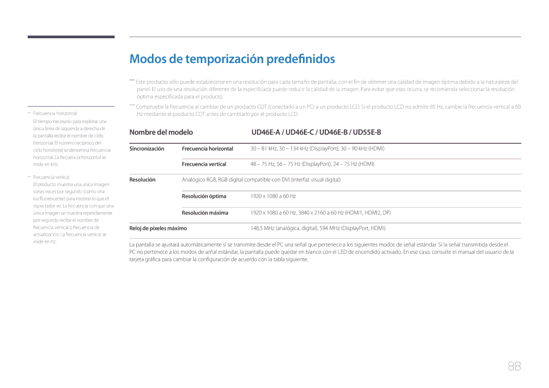 Samsung LH46UDEHLBB/EN manual Modos de temporización predefinidos, Nombre del modelo UD46E-A / UD46E-C / UD46E-B / UD55E-B 