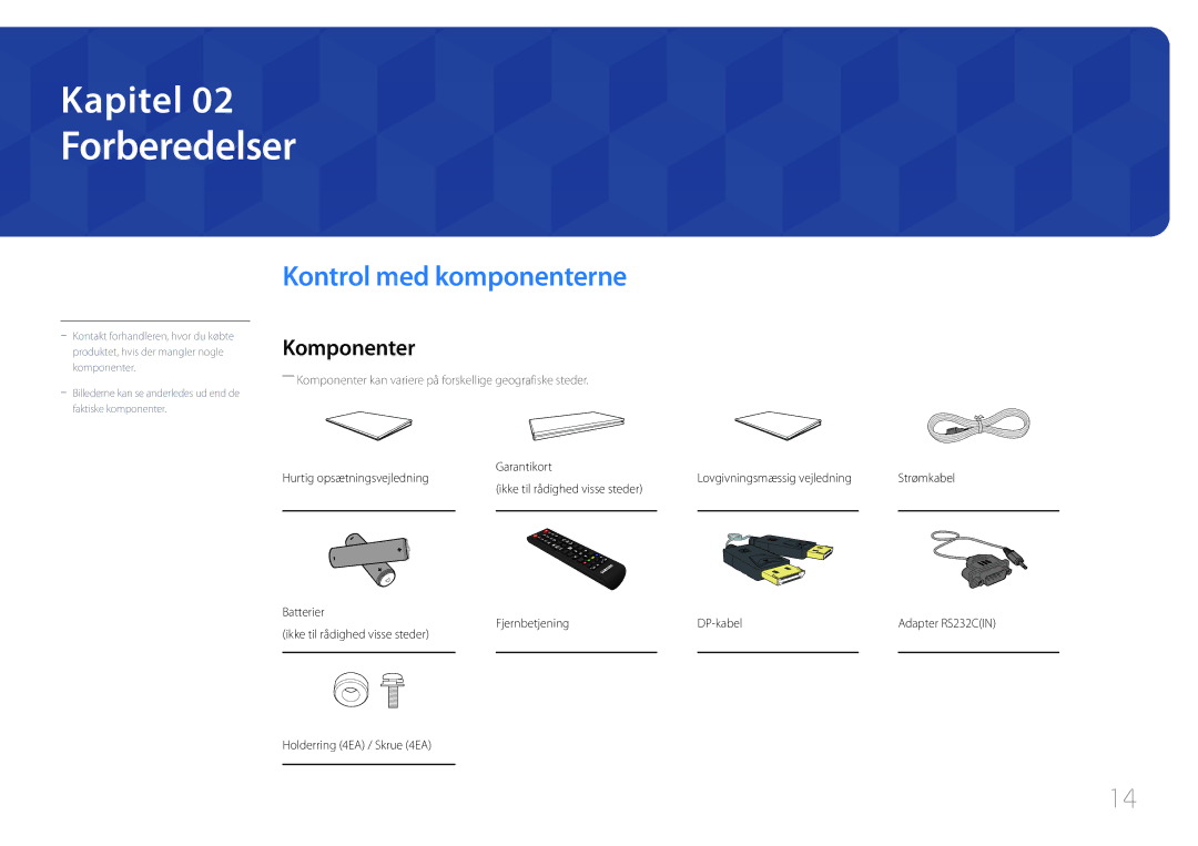 Samsung LH46UDECLBB/EN, LH46UDEBLBB/EN manual Forberedelser, Kontrol med komponenterne, Komponenter, Fjernbetjening 