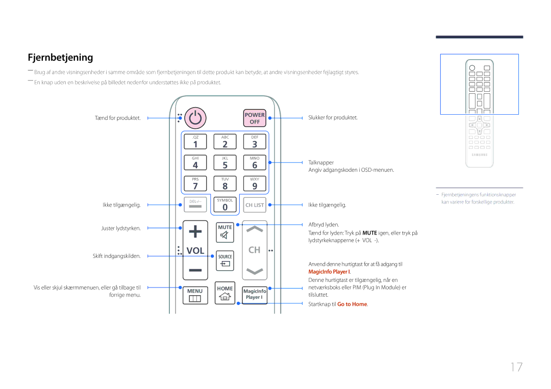 Samsung LH55UDEBLBB/EN manual Fjernbetjening, Tænd for produktet Ikke tilgængelig Juster lydstyrken, Skift indgangskilden 