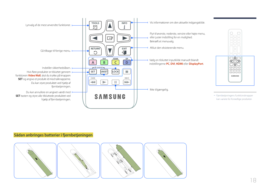 Samsung LH46UDEHLBB/EN manual Sådan anbringes batterier i fjernbetjeningen, Lynvalg af de mest anvendte funktioner 