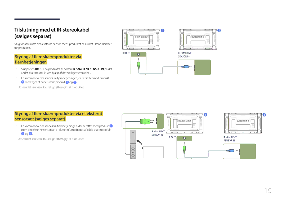 Samsung LH46UDECLBB/EN, LH46UDEBLBB/EN, LH55UDEHLBB/EN, LH55UDEBLBB/EN manual Tilslutning med et IR-stereokabel sælges separat 