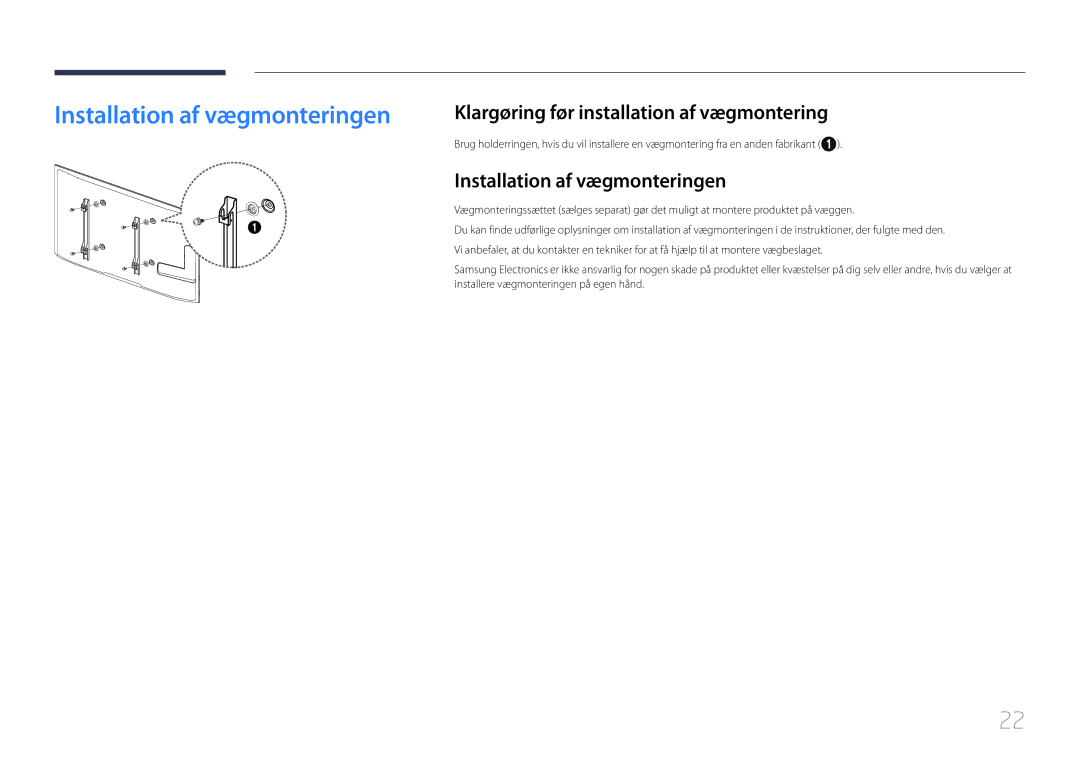 Samsung LH55UDEBLBB/EN, LH46UDEBLBB/EN manual Installation af vægmonteringen, Klargøring før installation af vægmontering 