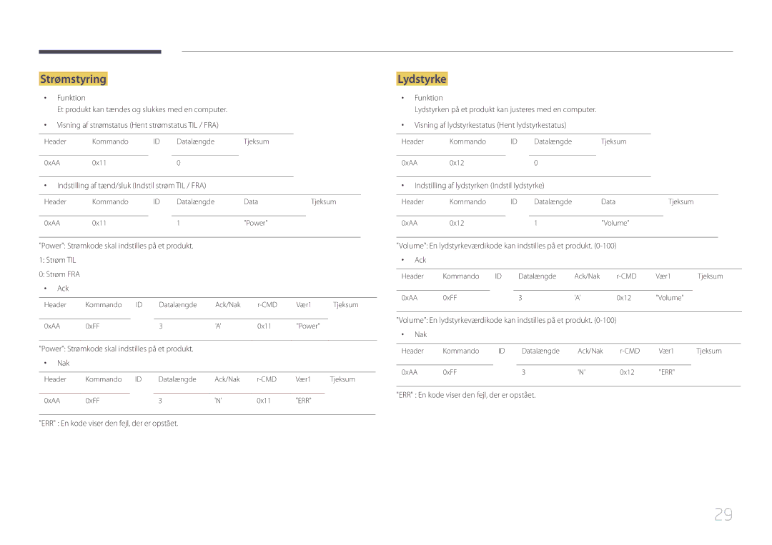 Samsung LH46UDECLBB/EN, LH46UDEBLBB/EN, LH55UDEHLBB/EN, LH55UDEBLBB/EN, LH46UDEHLBB/EN manual Strømstyring, Lydstyrke 