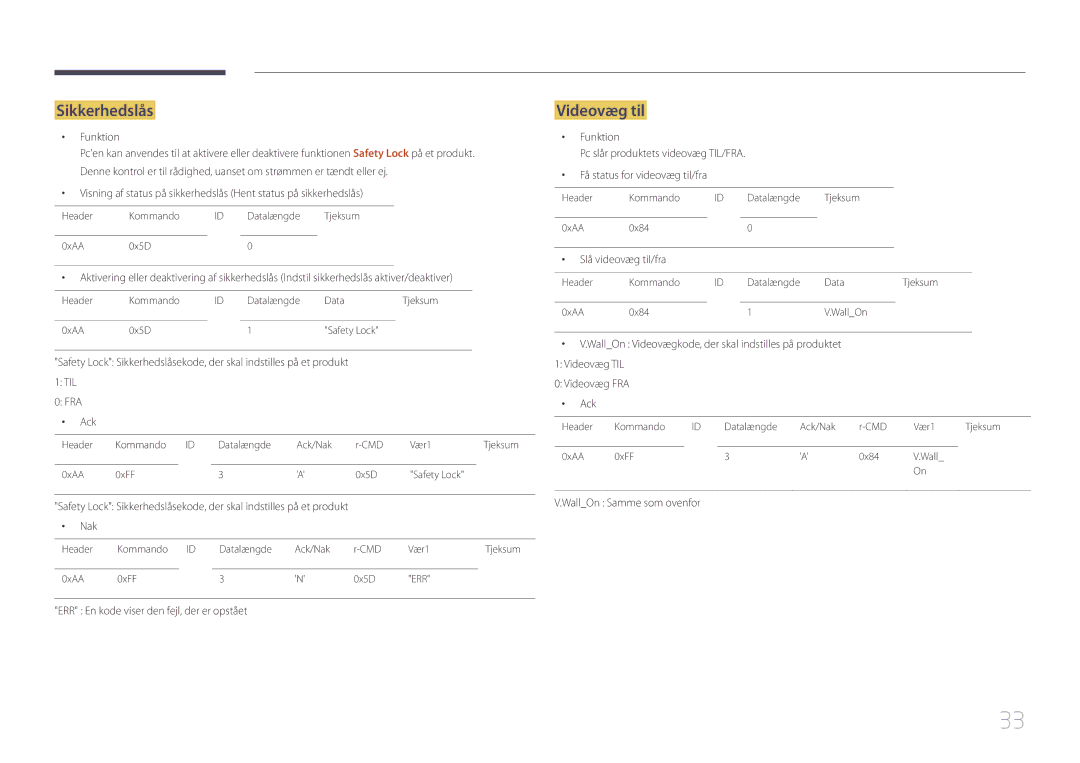 Samsung LH46UDEHLBB/EN, LH46UDEBLBB/EN manual Sikkerhedslås, Videovæg til, Slå videovæg til/fra, WallOn Samme som ovenfor 