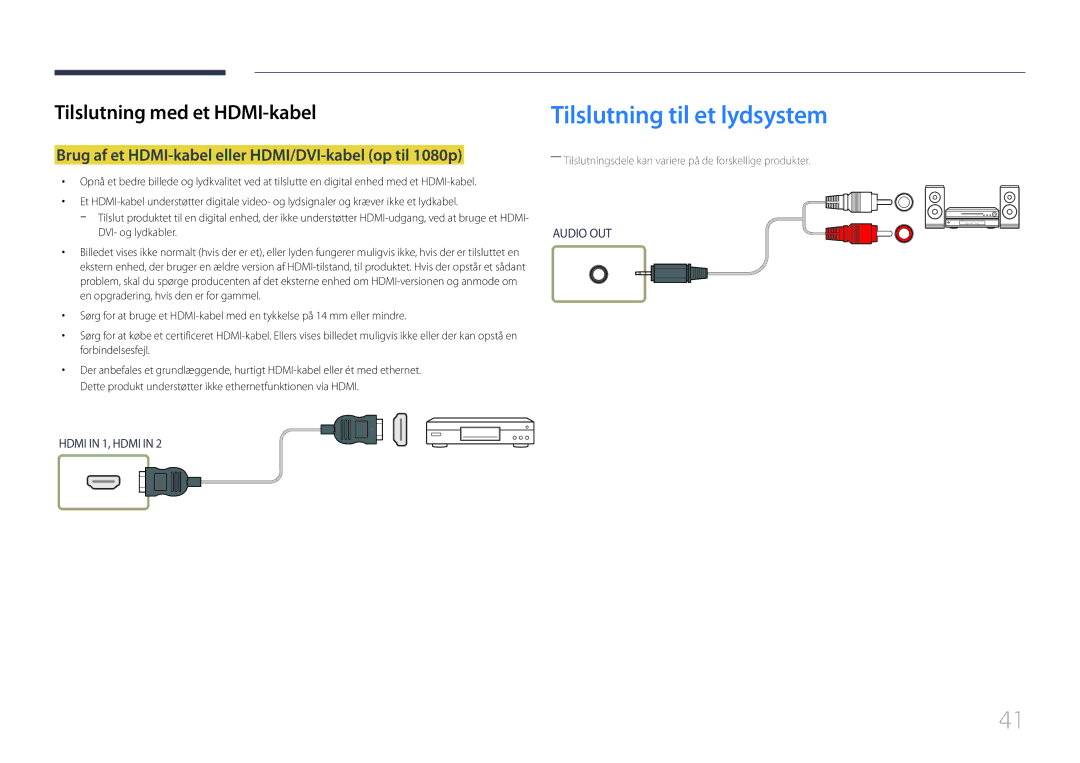 Samsung LH55UDEHLBB/EN manual Tilslutning til et lydsystem, Brug af et HDMI-kabel eller HDMI/DVI-kabel op til 1080p 