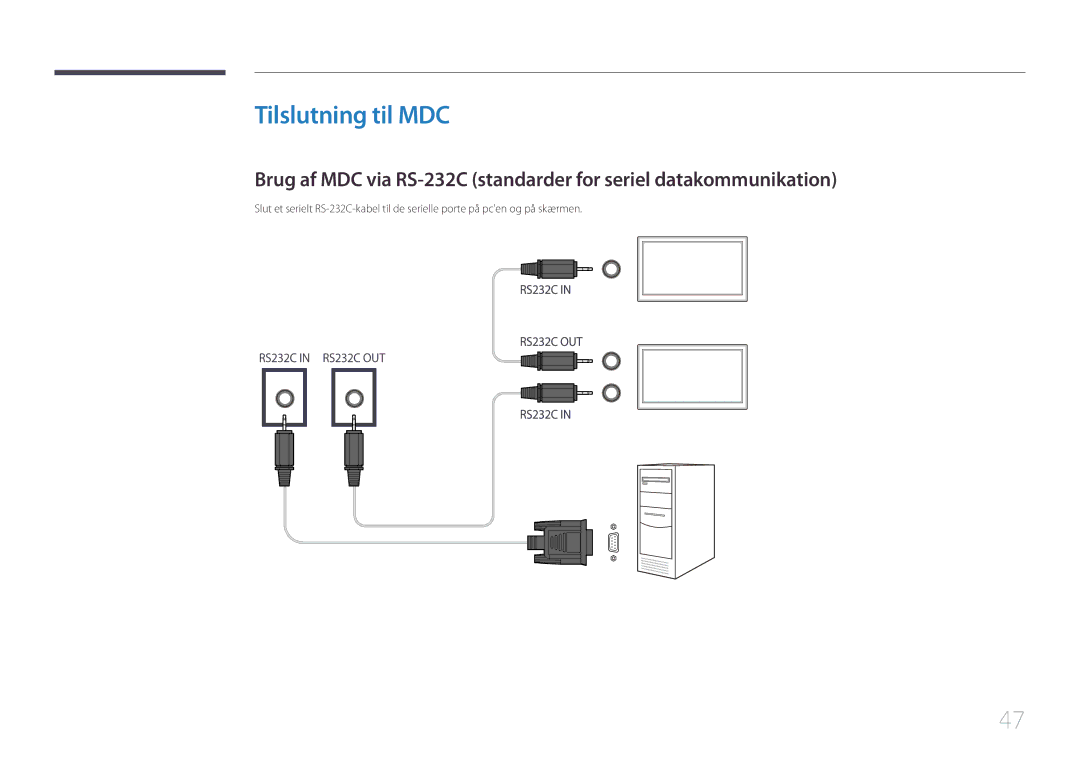 Samsung LH55UDEBLBB/EN, LH46UDEBLBB/EN, LH55UDEHLBB/EN, LH46UDEHLBB/EN, LH46UDECLBB/EN manual Tilslutning til MDC 