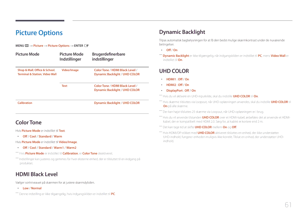 Samsung LH55UDEHLBB/EN, LH46UDEBLBB/EN, LH55UDEBLBB/EN Picture Options, Color Tone, Hdmi Black Level, Dynamic Backlight 