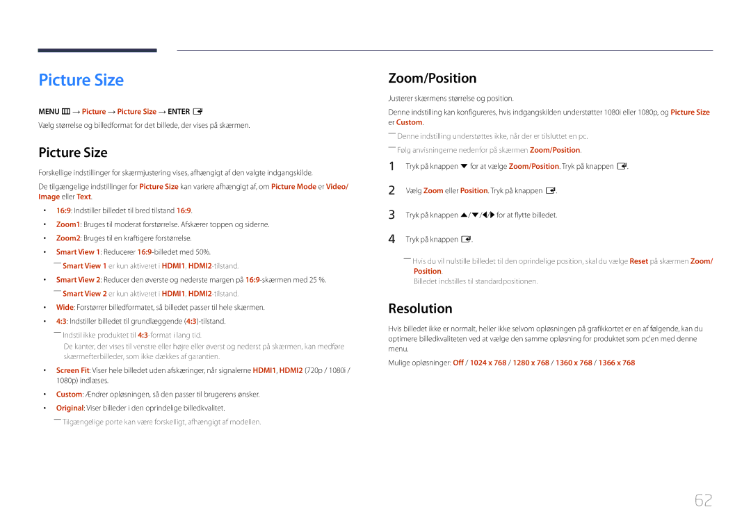 Samsung LH55UDEBLBB/EN, LH46UDEBLBB/EN manual Zoom/Position, Resolution, Menu m → Picture → Picture Size → Enter E 