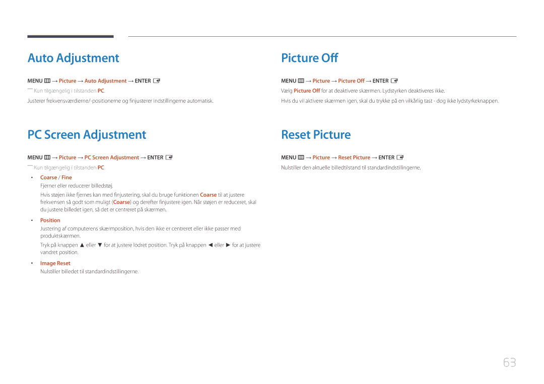 Samsung LH46UDEHLBB/EN manual Auto Adjustment Picture Off, PC Screen Adjustment Reset Picture, Coarse / Fine, Position 