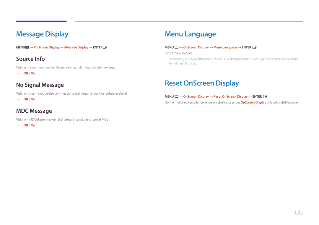 Samsung LH55UDEHLBB/EN, LH46UDEBLBB/EN, LH55UDEBLBB/EN manual Message Display, Menu Language, Reset OnScreen Display 