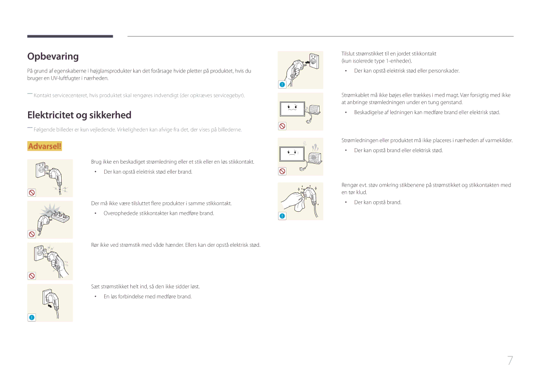 Samsung LH55UDEBLBB/EN manual Opbevaring, Elektricitet og sikkerhed, Der kan opstå elektrisk stød eller personskader 