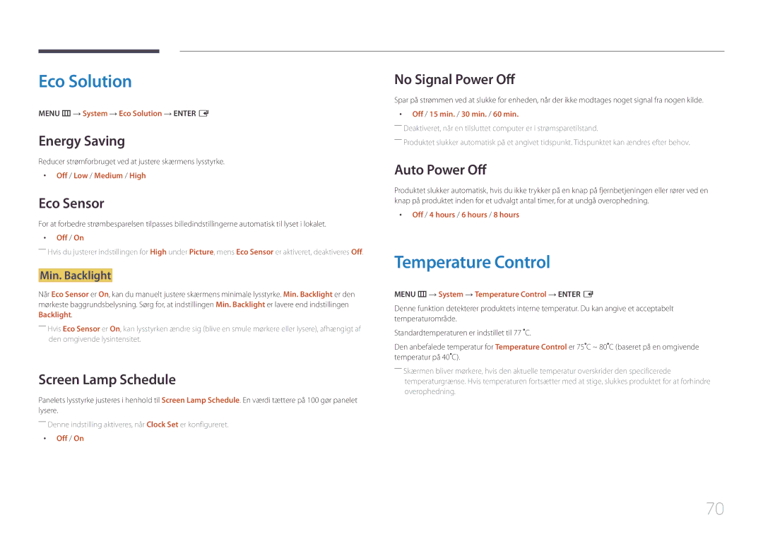 Samsung LH46UDEBLBB/EN, LH55UDEHLBB/EN, LH55UDEBLBB/EN, LH46UDEHLBB/EN, LH46UDECLBB/EN manual Eco Solution, Temperature Control 