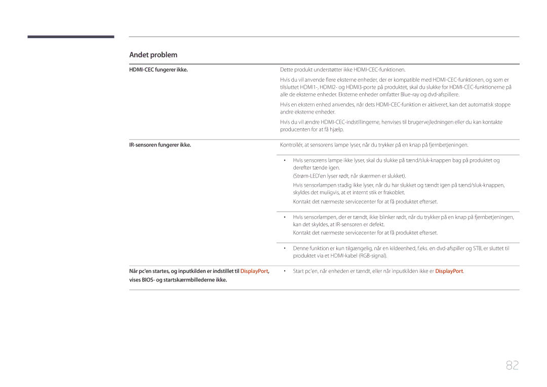 Samsung LH55UDEBLBB/EN, LH46UDEBLBB/EN manual HDMI-CEC fungerer ikke, Dette produkt understøtter ikke HDMI-CEC-funktionen 