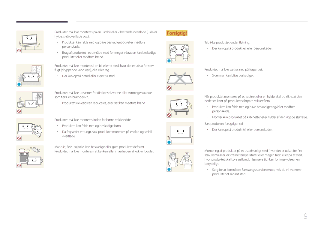 Samsung LH46UDECLBB/EN, LH46UDEBLBB/EN, LH55UDEHLBB/EN, LH55UDEBLBB/EN, LH46UDEHLBB/EN manual Produktet eller medføre brand 