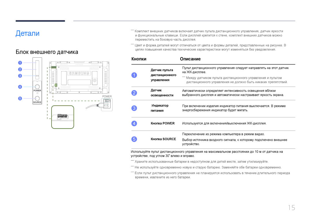 Samsung LH46UDEBLBB/EN, LH55UDEHLBB/EN, LH55UDEBLBB/EN, LH46UDEHLBB/EN manual Детали, Блок внешнего датчика, Кнопки Описание 