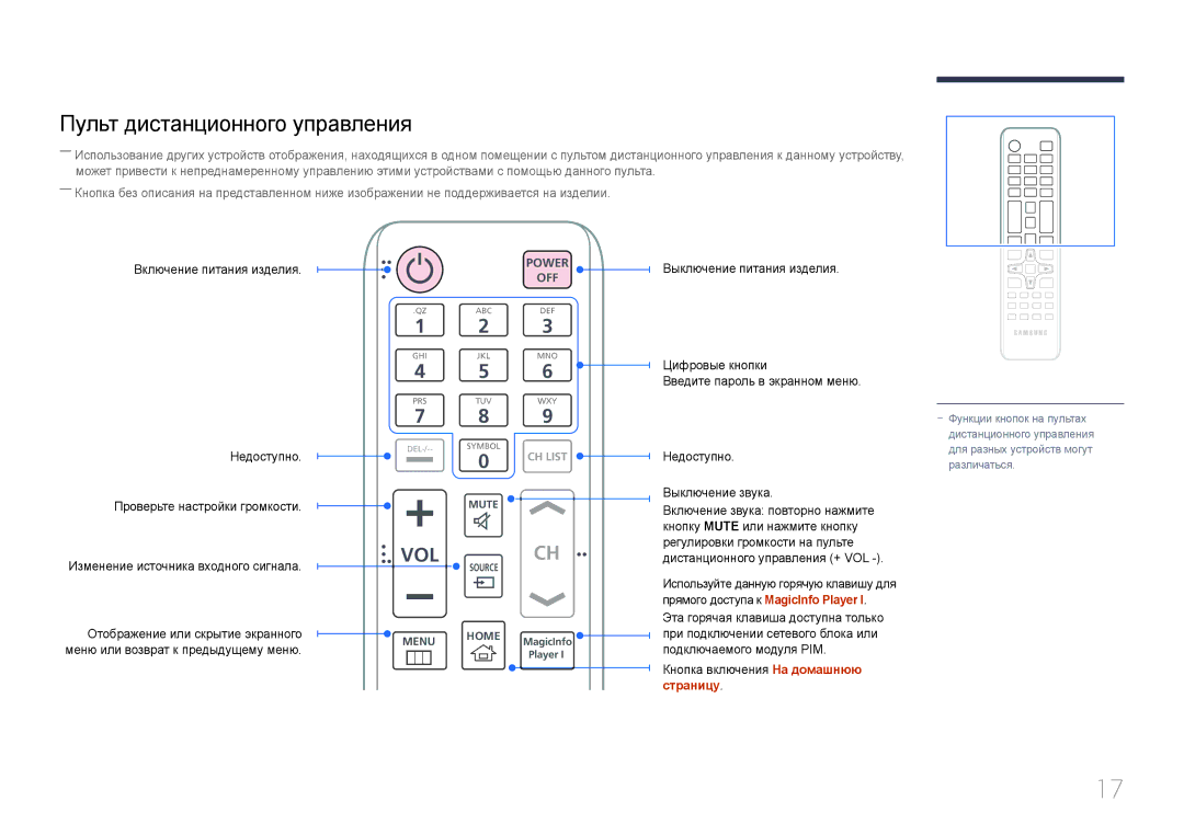 Samsung LH55UDEBLBB/EN, LH46UDEBLBB/EN manual Пульт дистанционного управления, Кнопка включения На домашнюю страницу 