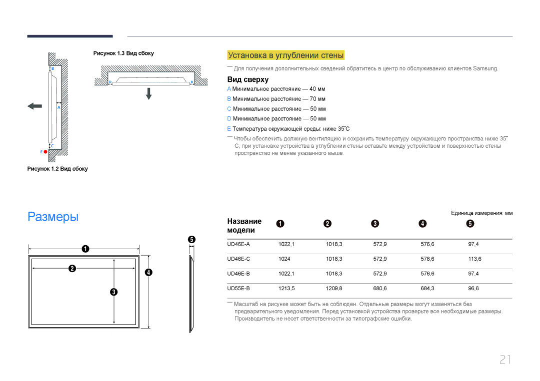 Samsung LH55UDEHLBB/EN, LH46UDEBLBB/EN manual Установка в углублении стены, Вид сверху, РазмерыНазвание 1 2 3 4, Модели 