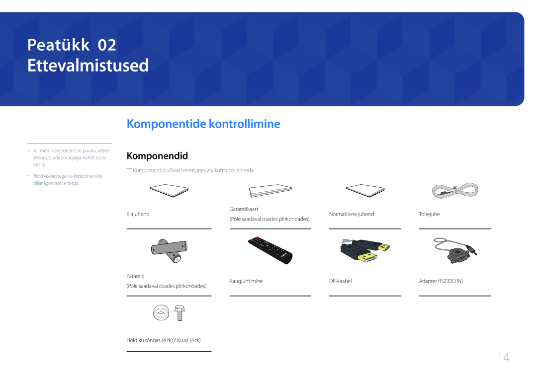 Samsung LH46UDECLBB/EN, LH46UDEBLBB/EN manual Ettevalmistused, Komponentide kontrollimine, Komponendid, Kaugjuhtimine 