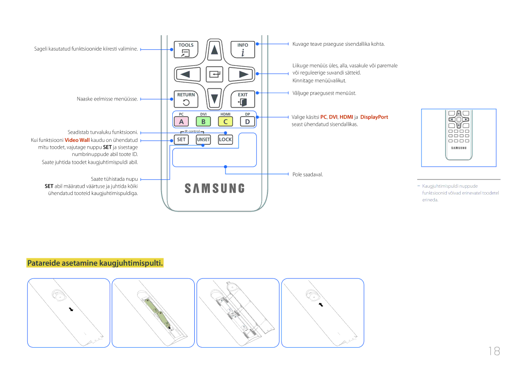 Samsung LH46UDEHLBB/EN manual Patareide asetamine kaugjuhtimispulti, Sageli kasutatud funktsioonide kiiresti valimine 