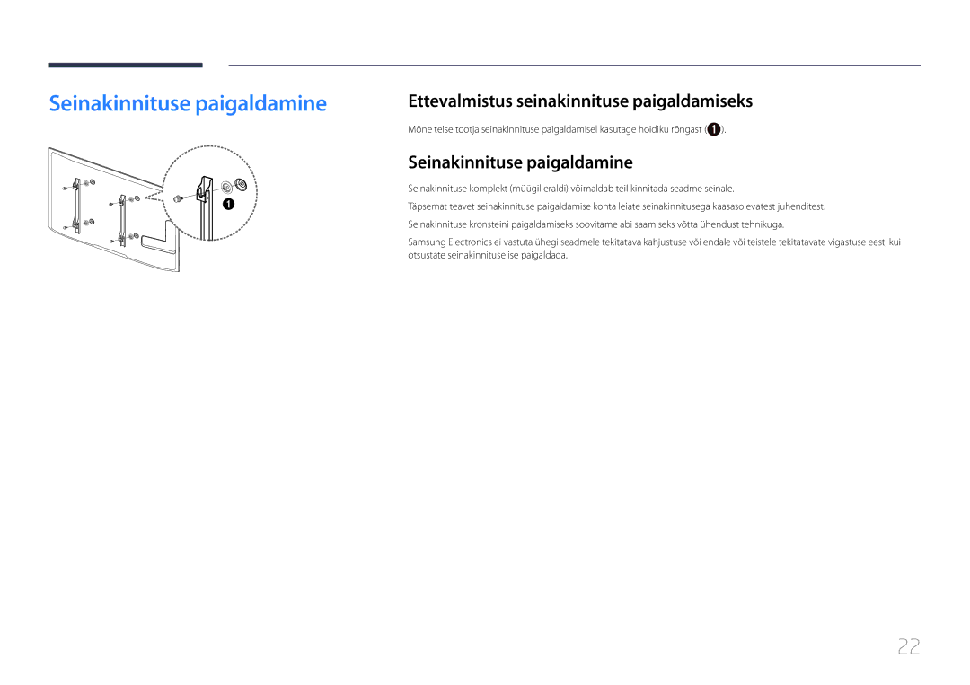 Samsung LH55UDEBLBB/EN, LH46UDEBLBB/EN manual Seinakinnituse paigaldamine, Ettevalmistus seinakinnituse paigaldamiseks 