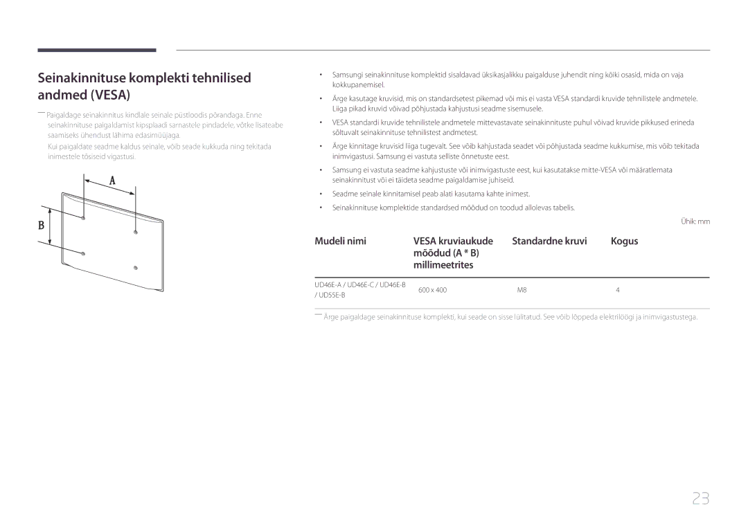 Samsung LH46UDEHLBB/EN, LH46UDEBLBB/EN, LH55UDEHLBB/EN, LH55UDEBLBB/EN manual Seinakinnituse komplekti tehnilised andmed Vesa 