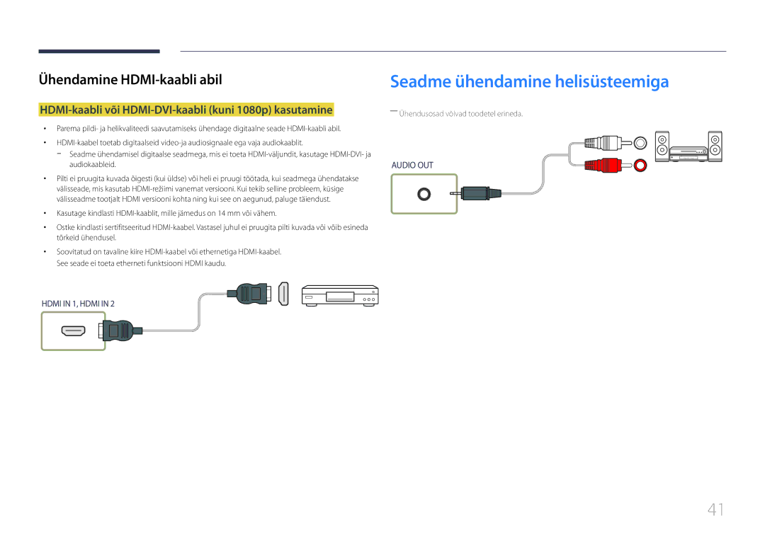 Samsung LH55UDEHLBB/EN manual Seadme ühendamine helisüsteemiga, HDMI-kaabli või HDMI-DVI-kaabli kuni 1080p kasutamine 