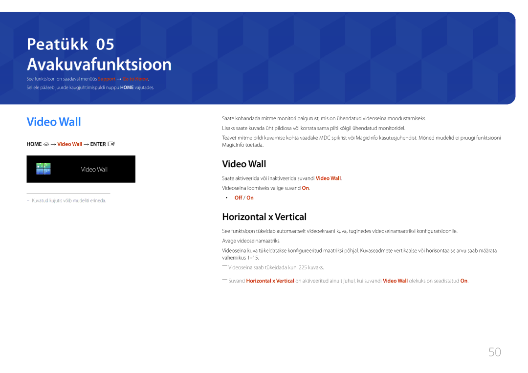 Samsung LH46UDEBLBB/EN, LH55UDEHLBB/EN, LH55UDEBLBB/EN manual Avakuvafunktsioon, Video Wall, Horizontal x Vertical, Off / On 