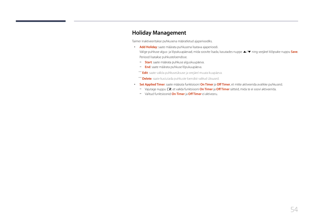 Samsung LH46UDECLBB/EN, LH46UDEBLBB/EN, LH55UDEHLBB/EN, LH55UDEBLBB/EN, LH46UDEHLBB/EN manual Holiday Management 