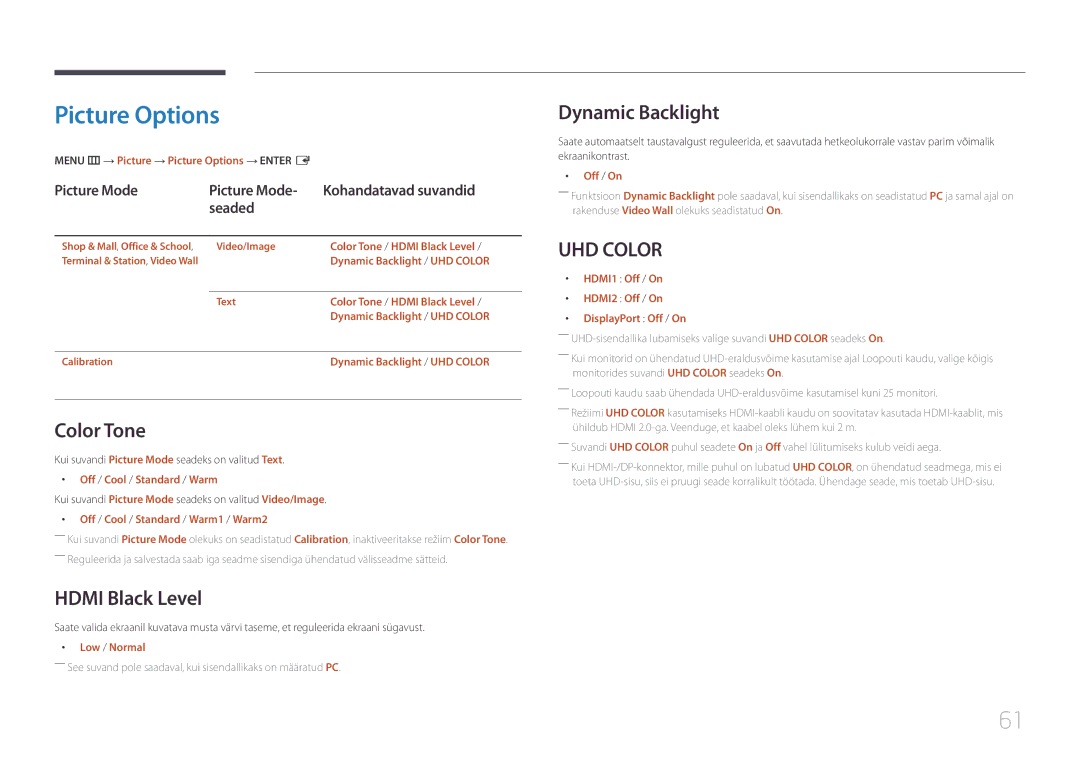 Samsung LH55UDEHLBB/EN, LH46UDEBLBB/EN, LH55UDEBLBB/EN Picture Options, Color Tone, Hdmi Black Level, Dynamic Backlight 