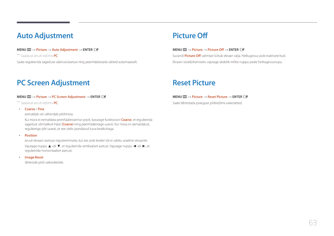 Samsung LH46UDEHLBB/EN, LH46UDEBLBB/EN, LH55UDEHLBB/EN Auto Adjustment, Picture Off, PC Screen Adjustment Reset Picture 