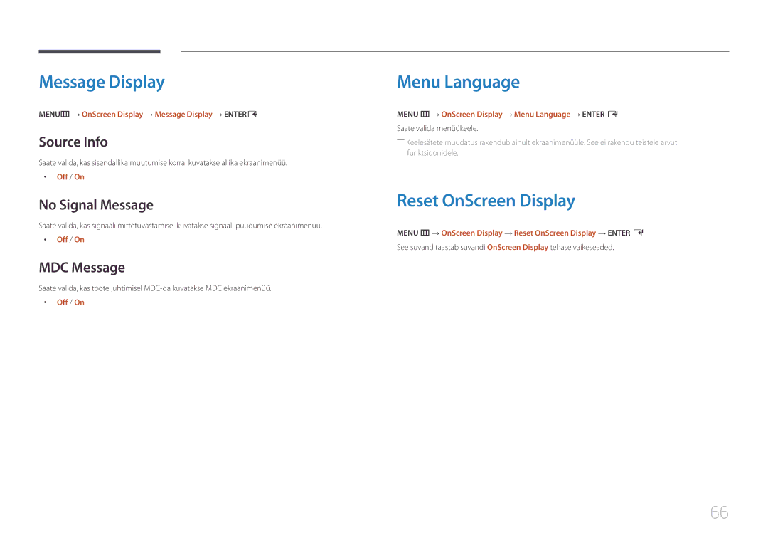 Samsung LH55UDEHLBB/EN, LH46UDEBLBB/EN, LH55UDEBLBB/EN manual Message Display, Menu Language, Reset OnScreen Display 