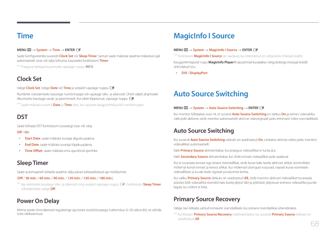 Samsung LH46UDEHLBB/EN, LH46UDEBLBB/EN, LH55UDEHLBB/EN, LH55UDEBLBB/EN manual Time, MagicInfo I Source, Auto Source Switching 