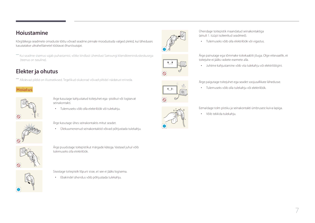 Samsung LH55UDEBLBB/EN, LH46UDEBLBB/EN, LH55UDEHLBB/EN, LH46UDEHLBB/EN, LH46UDECLBB/EN manual Hoiustamine, Elekter ja ohutus 